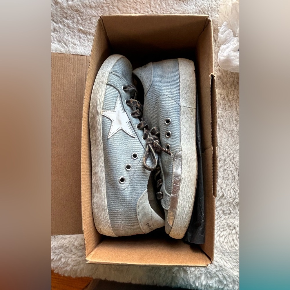Golden Goose Superstar Denim/silver/peach with leopard laces. Size 39 - Picture 4 of 11